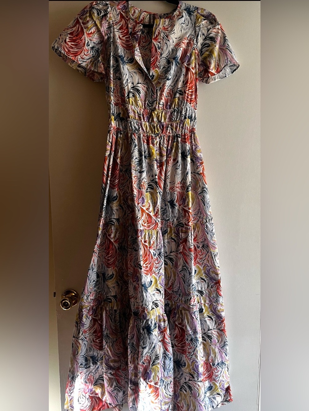 Anthropologie Somerset Multicolor Swirl-Print Dress in Red, Pink, Yellow, Navy